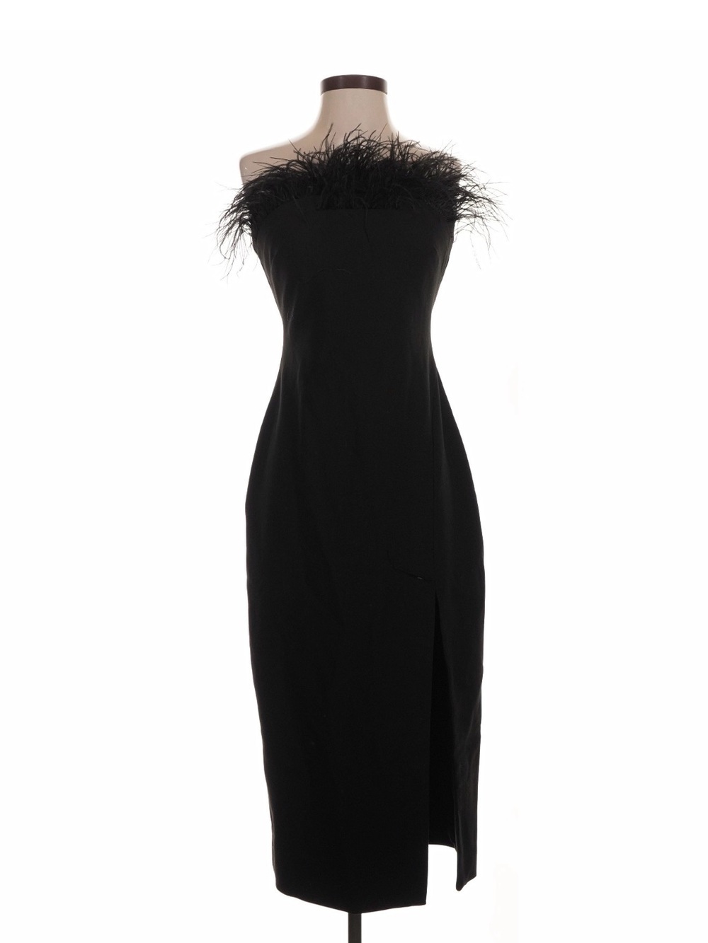 Black Feather-Trim Strapless Midi Dress